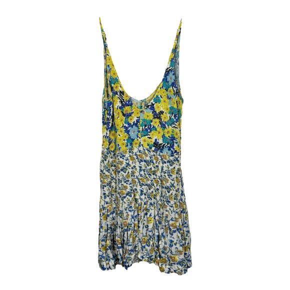 Free People English Garden Smocked Floral Print Dress XS Yellow Blue Boho Mini - Picture 4 of 8